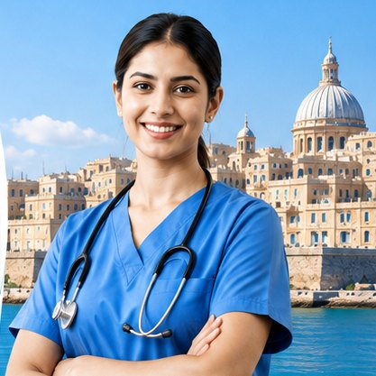Smiling nurse in blue scrubs with Valletta, Malta, in the background