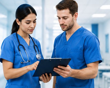 Two nurses reviewing notes on a clipboard